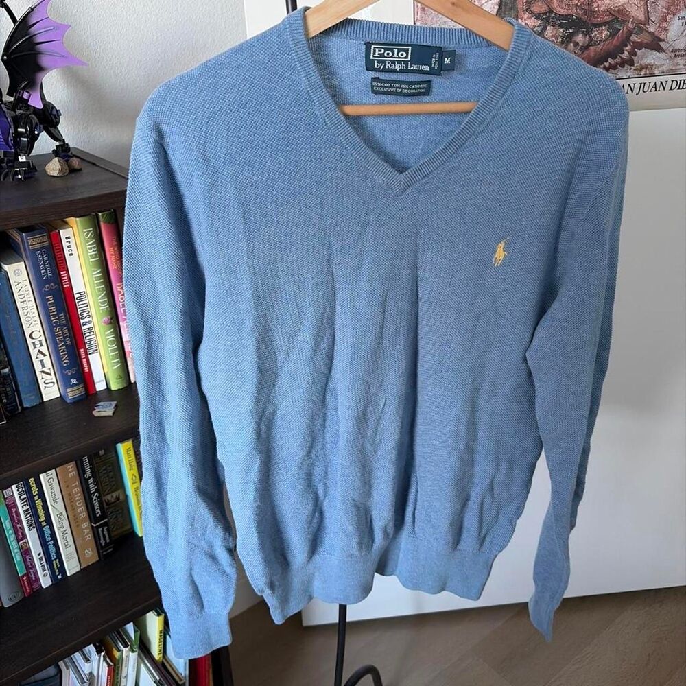 Polo Ralph Lauren Sweater Mens Medium Blue V Neck Cotton Knit Pony Logo